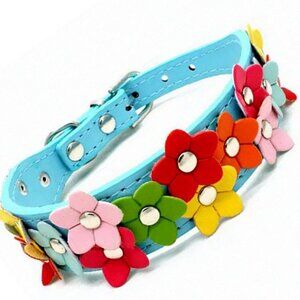 Della Terese Colorful Flowers on Sky Blue Dog Collar Extra Small Gift Packaged